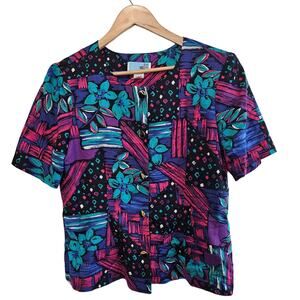 Vintage Worthington Blouse Womens Sz 8 Purple Button Floral 90s Glam Retro Fairy